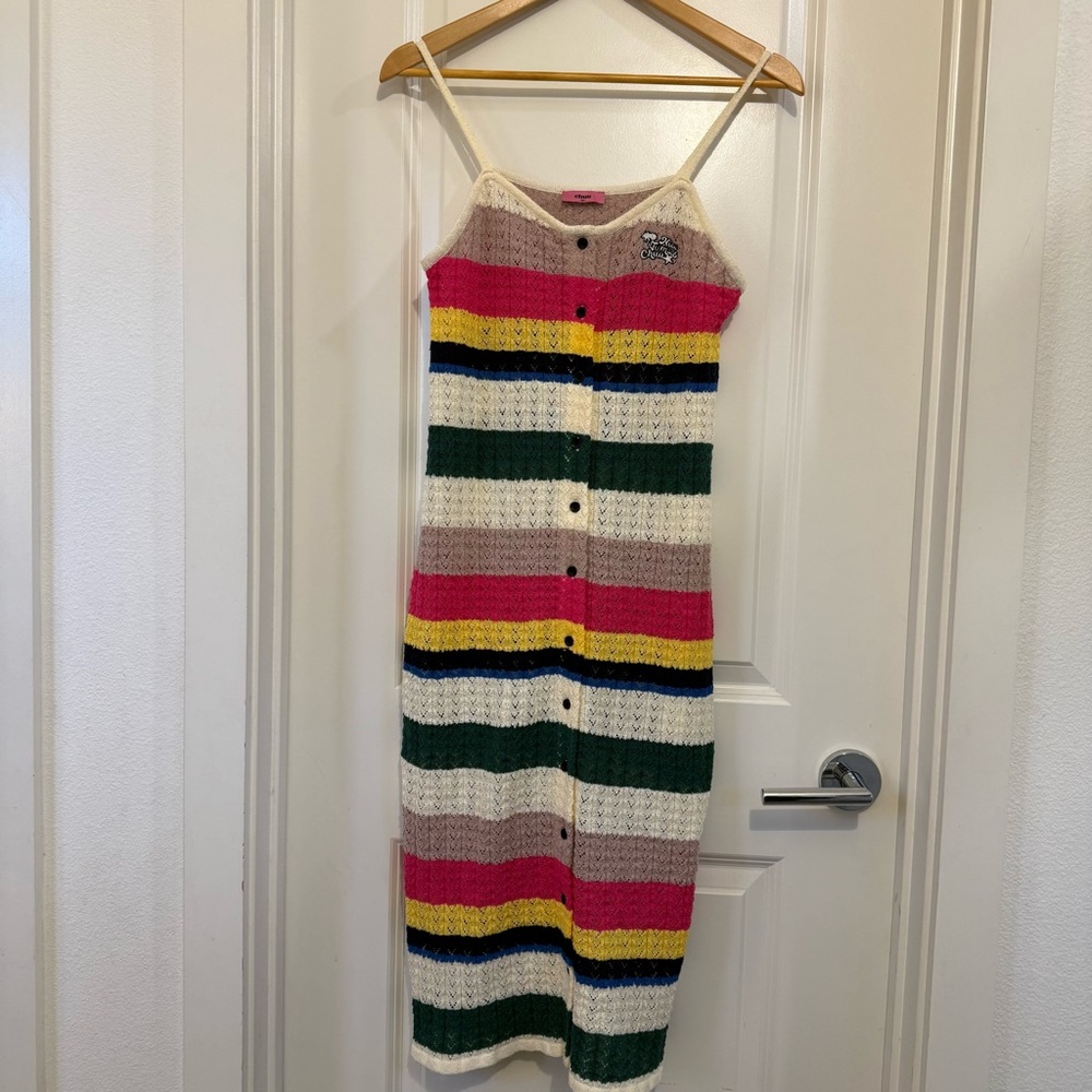 NWOT knit dress rainbow Striped open sheer button down “nice Chuu meet you” OS